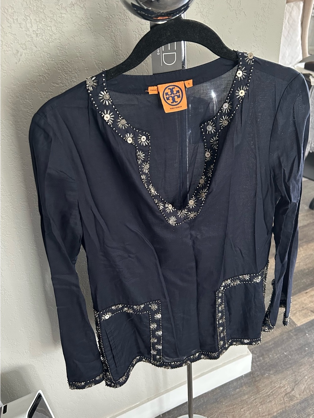 Tory Burch Navy Embellished V-Neck Blouse